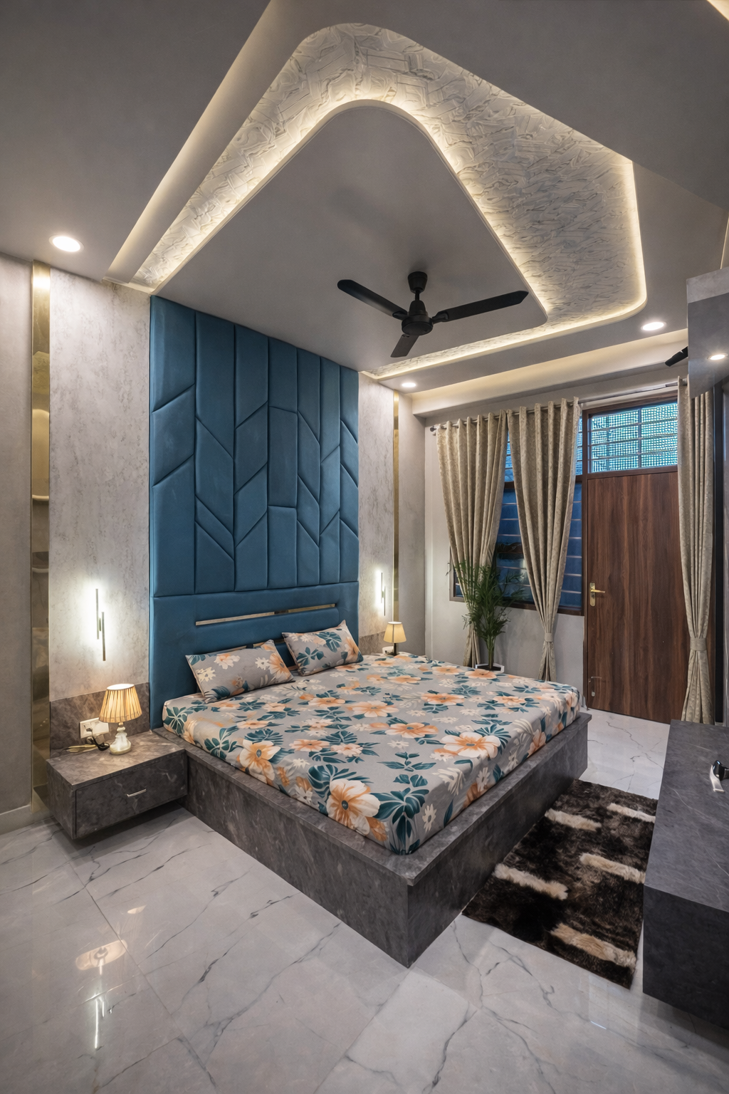 Blue Chevron Bedroom with Marble Accent